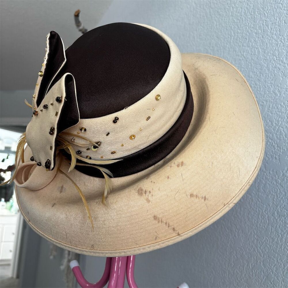 Midnight Velvet Vintage Beige Hat Beaded Bow & Feathers One Size - Picture 6 of 8